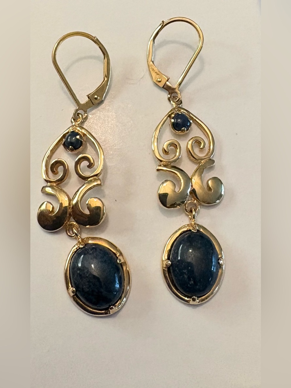 Blue Dumortierite gold scroll Leverbacks Earrings